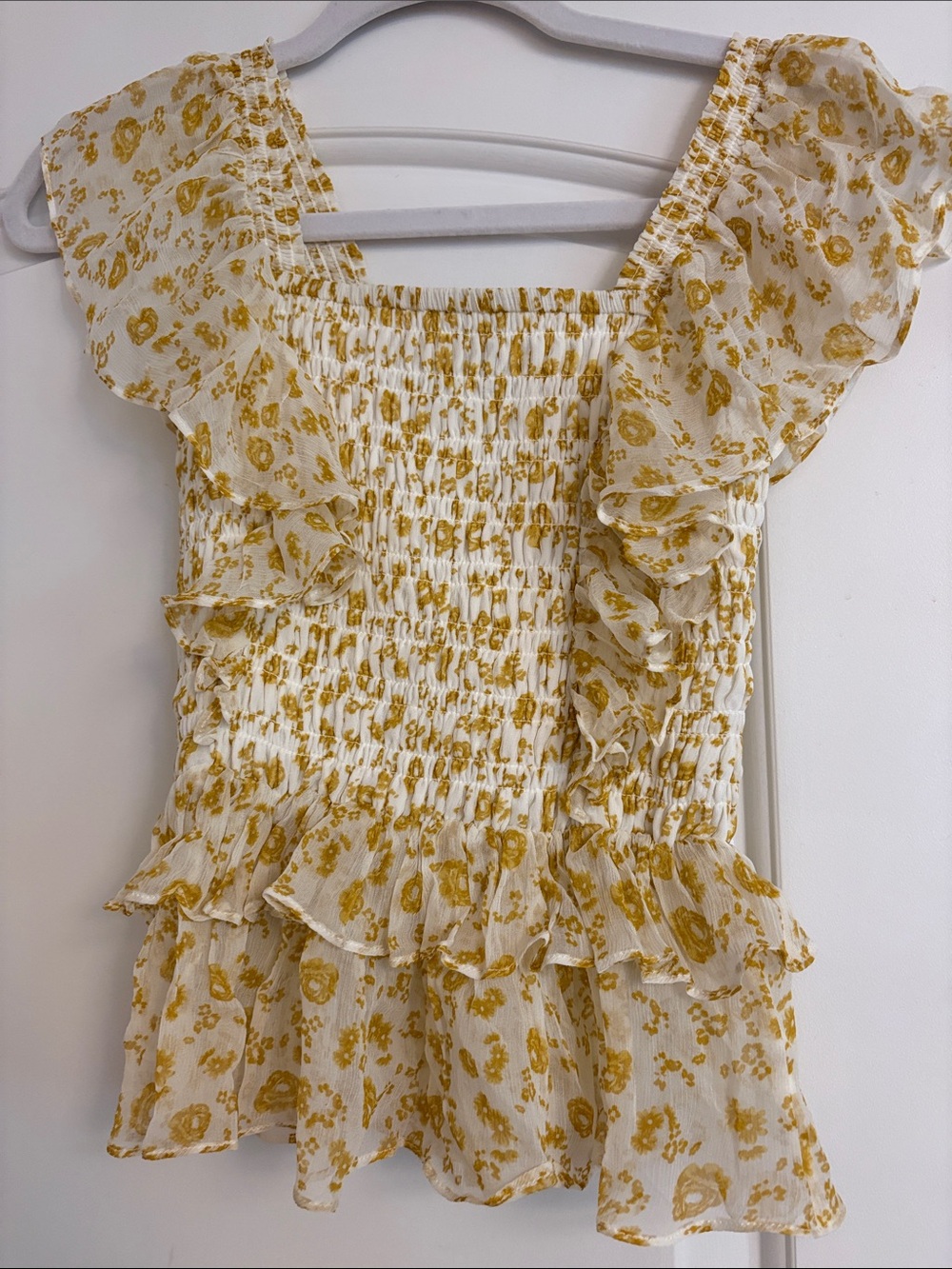Yellow Floral Smocked Ruffle Top